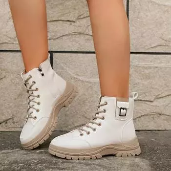 2024 Versatile Women s Ankle Boots Leather Thick-soled Lace-up Short Boots Women s Autumn and Winter Thick-soled Shoes Rubber 36 хаки