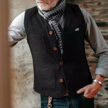 2024 Весенне-осенний мужской повседневный шерстяной жилет с вышивкой, мужской приталенный однобортный кардиган-топ M чёрный