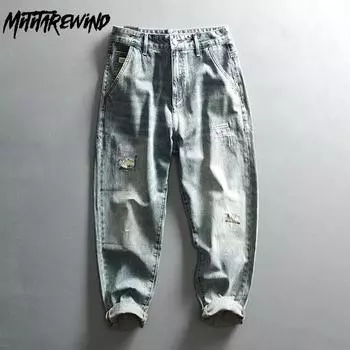 Весна 2024 года, новые мужские джинсы большого размера 40, винтажные потертые повседневные рваные джинсы High Street, хлопковые прямые джинсы со средней талией, молодежная мода 28 синий