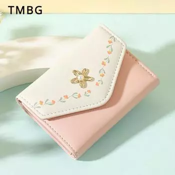 2024 Весенний Новый Маленький Свежий Цветочный Девушка Студенческий Короткий Кошелек Модный Простой Сращивания Банкноты Зажимы Для Денег Искусственная Кожа 3 Складных Держателей Для Карты Кошелек Для Монет розовый