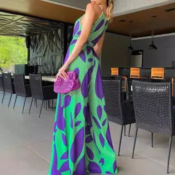 2024 Весенний темперамент Commuter без рукавов маятниковый подтяжки с принтом фиолетовый комбинезон с высокой талией и сумкой S зелёный