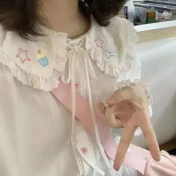 2024 Весенняя блузка женская японская кавайная милая кружевная лоскутная рубашка с воротником Питер Пэн винтажная милая вышивка топ Blusas Feminina S белый