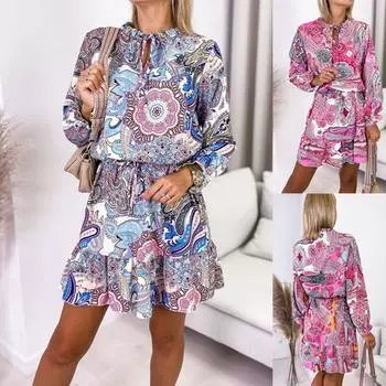 2024 Весенняя новая европейская и американская женская одежда с принтом, элегантное пригородное платье S розовый