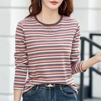 2024 Весенняя новая полосатая футболка с круглым вырезом и длинными рукавами, женский нижний топ S красный