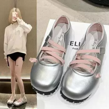 2024 Весна 2024 Новые женские туфли Мэри Джейн на плоской подошве 2024 Небольшие шелковые тонкие ремешки Женские балетки Серебряные туфли на мягкой подошве 40 бежевый