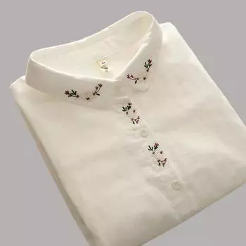 2024 Весна Белая Хлопковая Пряжа Рубашка С Длинным Рукавом Женская Свободная Вышивка Мелкий Цветок Блузка XS