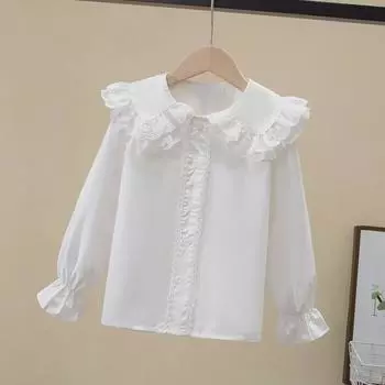 2024 Весна Девочки Белый Хлопок Кружево Кукольный Воротник Рубашка Длинный Рукав 150cm