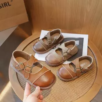 2024 Весна Девочки Кожаные Туфли Мэри Джейн Модные Простой Стиль Детская Корейский Стиль Повседневная Обувь Дети Мальчики Нескользящие Одиночные Туфли 23 хаки