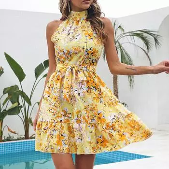 2024 Весна и лето Цветочный принт Платье на шнуровке Свободное без рукавов Женское свободное платье А-силуэта для вечеринок Элегантные повседневные короткие платья Женская одежда S розовый