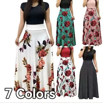 2024 Весна и лето Новое платье с квадратным вырезом Плиссированное платье макси с цветочным принтом и цветными блоками S