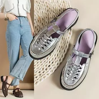 2024 Весна и лето Новые босоножки из натуральной кожи на платформе с ремешком Женские открытые носки, увеличивающие рост, римские пляжные туфли 35 серебряный
