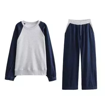 2024 Весна и лето Новый джинсовый сплайсинговый дизайн Толстовка эластичные брюки костюм повседневная женская одежда S