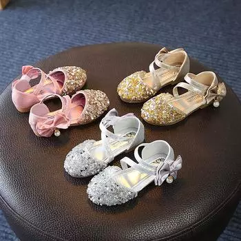 2024 Весна и лето Туфли принцессы с бантом для девочек, мягкие однотонные туфли со стразами, детские туфли из кожи с блестками и жемчугом 36 розовый