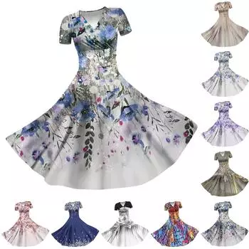 2024 Весна и лето женское повседневное свободное платье с короткими рукавами и v-образным вырезом с принтом L бронзовый