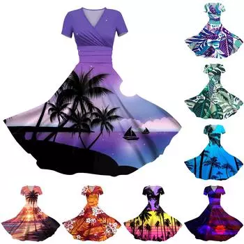 2024 Весна и лето женское повседневное свободное платье с короткими рукавами и v-образным вырезом с принтом L синий