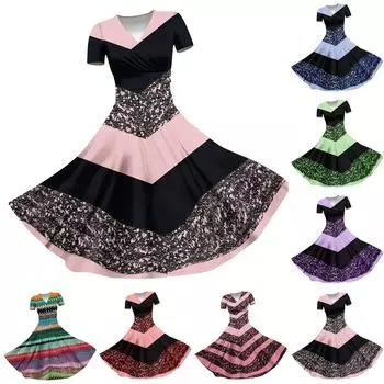 2024 Весна и лето женское повседневное свободное платье с короткими рукавами и v-образным вырезом с принтом L зелёный