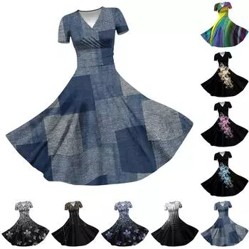 2024 Весна и лето женское повседневное свободное платье с короткими рукавами и v-образным вырезом с принтом L бежевый