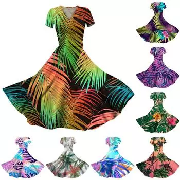 2024 Весна и лето женское повседневное свободное платье с короткими рукавами и v-образным вырезом с принтом L