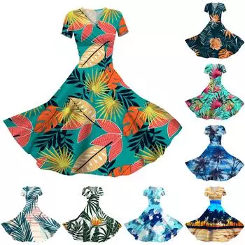 2024 Весна и лето женское повседневное свободное платье с короткими рукавами и v-образным вырезом с принтом L