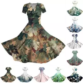 2024 Весна и лето женское повседневное свободное платье с короткими рукавами и v-образным вырезом с принтом L