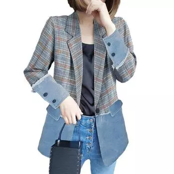 2024 Весна и Осень Джинсовый Комбинированный Костюм Короткая Куртка Женский Загрузочный Темперамент Клетчатый Повседневный Маленький Костюм S синий