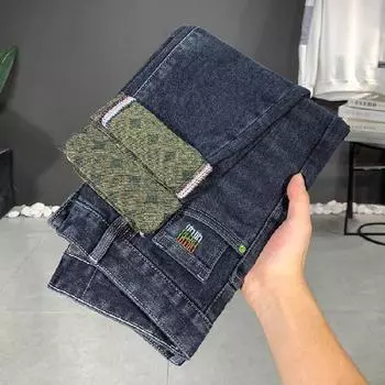 2024 Весна и осень джинсы мужские эластичные облегающие брюки с короткими штанинами мужские повседневные синие длинные брюки 28 синий