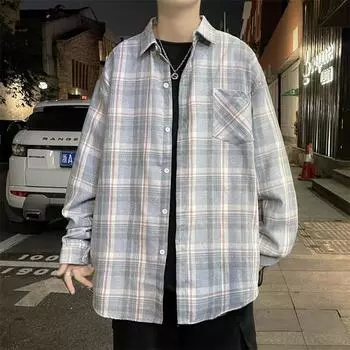 2024 Весна и осень клетчатая рубашка мужская с длинным рукавом солнцезащитная куртка повседневная студенческая пара модная рубашка M светло-синий