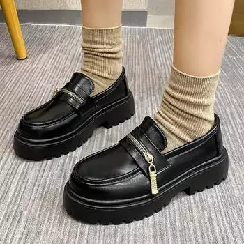 2024 Весна и Осень Модная женская обувь Новые высококачественные однотонные женские мокасины с круглым носком и квадратным каблуком на молнии 35 чёрный