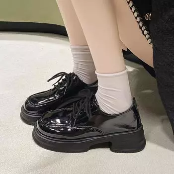 2024 Весна и Осень Модные Высококачественные Женские Туфли Новые Однотонные Круглые Носки Глянцевые Женские Лоферы Среднего Каблука На Шнуровке 35