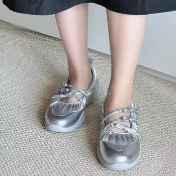 2024 Весна и Осень Модные женские туфли Круглый носок Однотонные низкие каблуки Однословные пряжки ремень бант женские вулканизированные туфли 35 серебряный