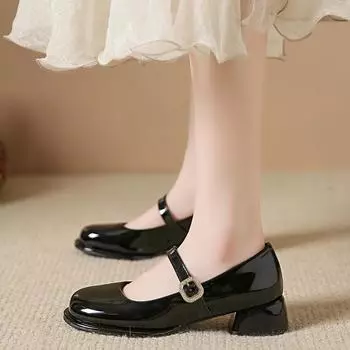 2024 Весна и Осень Модные женские туфли Высокого Качества Однотонные Круглые Носки Неглубокий Крючок Однословная Пряжка Дамы Мэри Джейн 35 бежевый