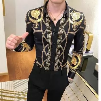 2024 Весна и Осень Мужская Одежда Новые Поступления Рубашки Британский Стиль Топы С Длинным Рукавом Модные Печатные Корейские Рубашки L белый