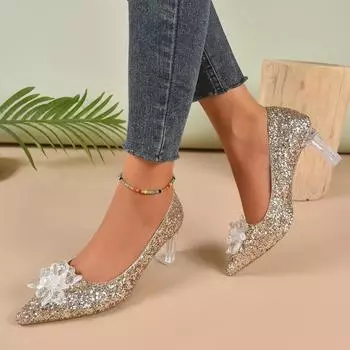 2024 Весна и Осень Новая Мода Заостренный Каблук Кристалл Цветочное Украшение Верхняя Одежда Небольшой Носок Женские Большие Высокие Каблуки 35 золотой