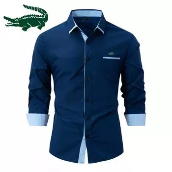 2024 Весна и осень. Новая модная мужская одежда с вышивкой. Высококачественная хлопковая мужская рубашка с цветными блоками. Деловая приталенная повседневная рубашка. Рубашка с длинными рукавами. S хаки