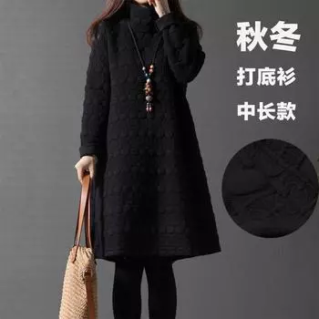 2024 Весна и осень Новая свободная женская одежда большого размера с высоким воротом, утепленное хлопковое платье с длинным рукавом и утолщенной подошвой M бордовый