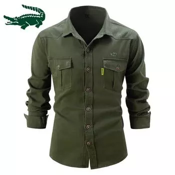 2024 Весна и осень Новая вышитая рубашка европейского размера Мужская стираная эластичная рубашка из чистого хлопка для отдыха Модная деловая мужская рубашка с длинными рукавами S армия зеленый