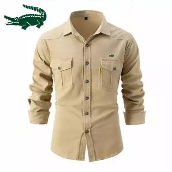 2024 Весна и осень Новая вышитая рубашка европейского размера Мужская стираная эластичная рубашка из чистого хлопка для отдыха Модная деловая мужская рубашка с длинными рукавами S армия зеленый