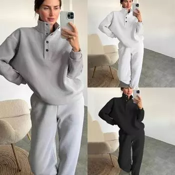 2024 Весна и Осень Новая Женская Мода Комплект Из Двух Частей С Воротником Стойкой На Пуговицах S чёрный