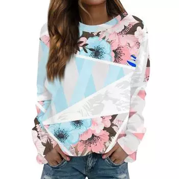 2024 Весна и Осень Новая Женская Толстовка С Капюшоном На Плечо Толстовка С 3D Цифровым Печатным Круглым Вырезом Повседневная Модная Футболка С Длинным Рукавом S
