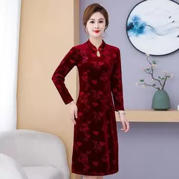 2024 Весна и осень Новое платье для мам Одежда для женщин среднего и пожилого возраста Улучшенный чонсам, длинные рукава, свободная юбка большого размера в иностранном стиле XL (recommended 90-52.5 kg) красный