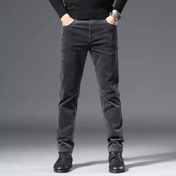 2024 Весна и осень Новые эластичные мужские однотонные вельветовые повседневные брюки Прямые деловые брюки из бархата 28 чёрный