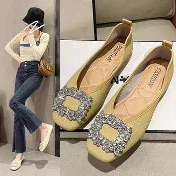 2024 Весна и осень Новые большие размеры 35-43 женские туфли на плоской подошве, удобные модные повседневные туфли-лоферы с квадратным носком, украшенные стразами 35 бежевый