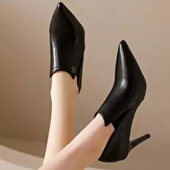 2024 Весна и Осень Новые Черные Темпераментные Модные Туфли На Высоком Каблуке Стилет Однотонные Туфли С Заостренным Носком Сзади Молния Каблуки Женские Туфли 35 кофейный