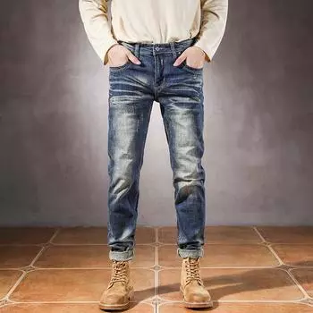 2024 Весна и осень Новые джинсы мужские облегающие на маленькую ногу модные брендовые потертые ретро эластичные мужские длинные брюки 28