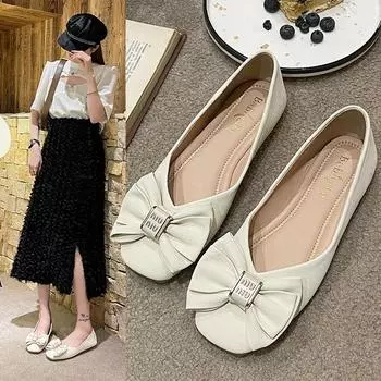 2024 Весна и Осень Новые Квадратные Головы Бантик Мягкая Подошва Толстый Каблук Рабочие Туфли Одиночные Туфли Для Женщин 35 бежевый