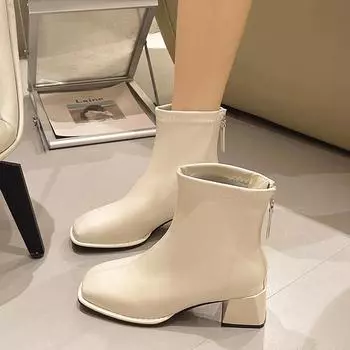 2024 Весна и осень Новые квадратные модные однотонные кожаные удобные женские сапоги с застежкой-молнией сзади Модные сапоги 35