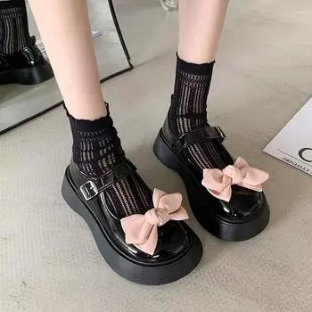 2024 Весна и Осень Новые Милые Модные Повседневные и Удобные Туфли Мэри Джейн Однотонные Круглые Носки Толстые Каблуки Женские Туфли 35 бежевый