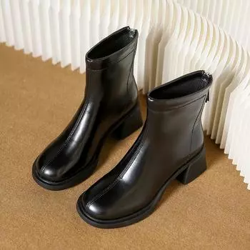 2024 Весна и осень Новые модные женские ботинки с круглым носком из кожи с застежкой-молнией сзади и толстой подошвой, одинарные женские ботинки 34