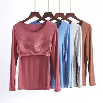 Весна и осень 2025 года, новая пижама с длинными рукавами и подкладкой под грудь, встроенный бюстгальтер для домашнего использования, осенняя домашняя базовая одежда для женщин M