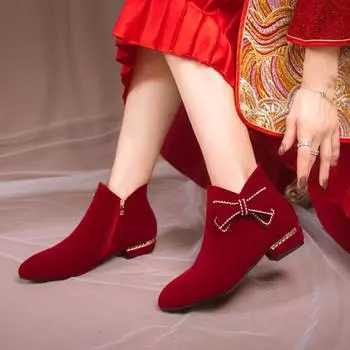 2024 Весна и осень Новые заостренные сапоги с застежкой-молнией сбоку, бантом, стразами, квадратным каблуком, удобные женские свадебные туфли 35